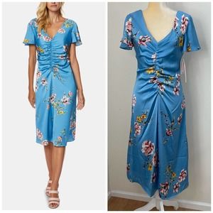 NWT Avec Les Filles Sheath Satin Ruched Floral Dress Blue Size 6